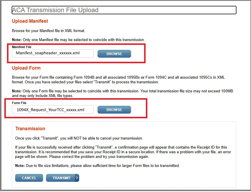 upload 1095 XML files to IRS