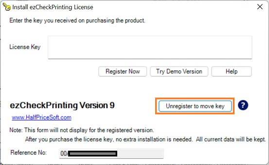 ezChecKPrinting unregister key