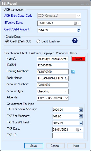 add new transaction to pay IRS