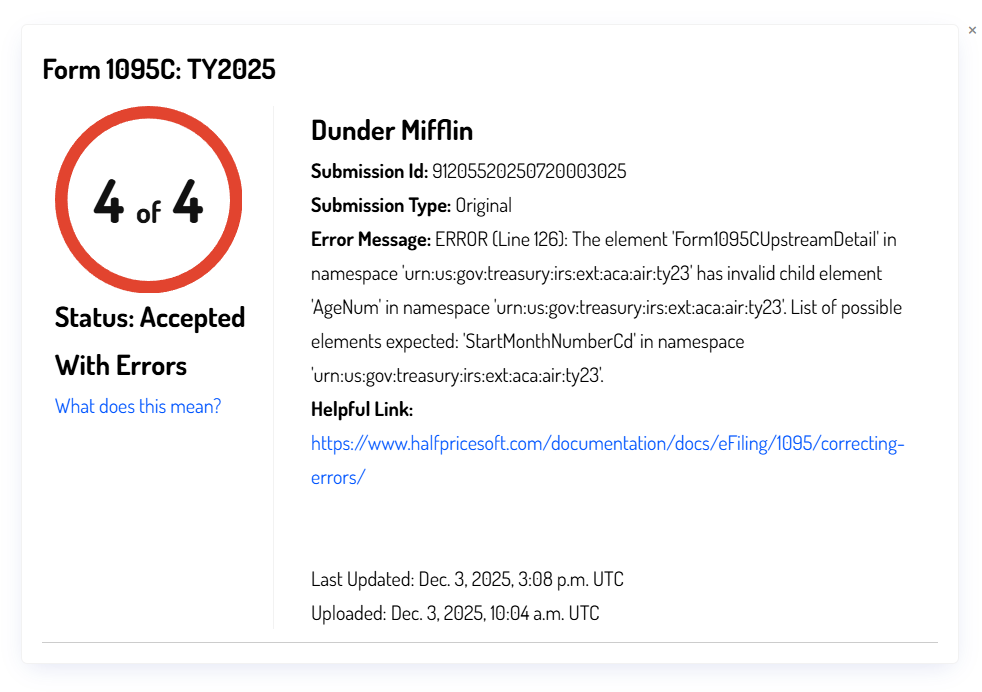Accepted with errors status halfpricesoft 1095 e-filing