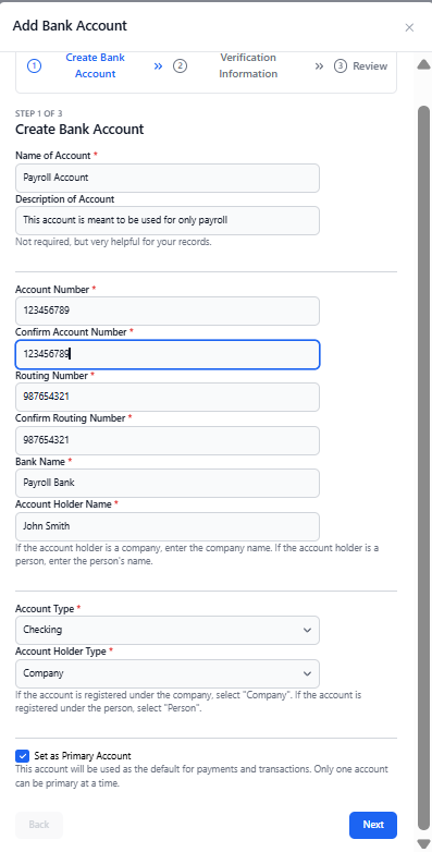 setting up company adding bank account to company