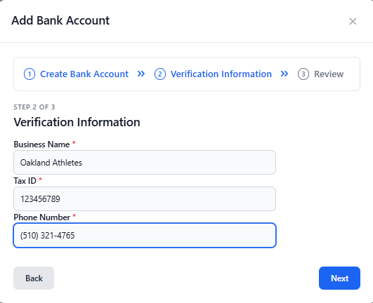 setting up company bank account verification information