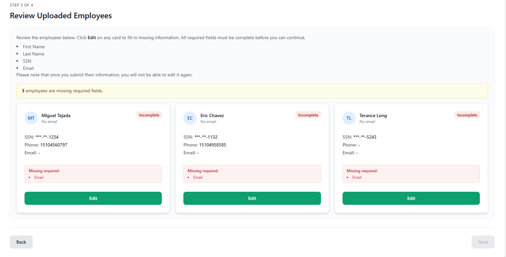bulk import process reviewing information for an employee