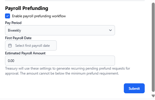 Company settings add payroll prefunding