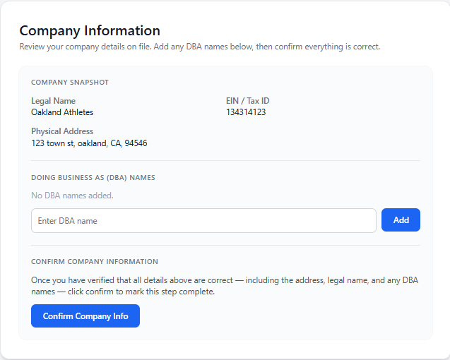 KYB confirm company information