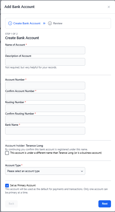 employee enter bank account information