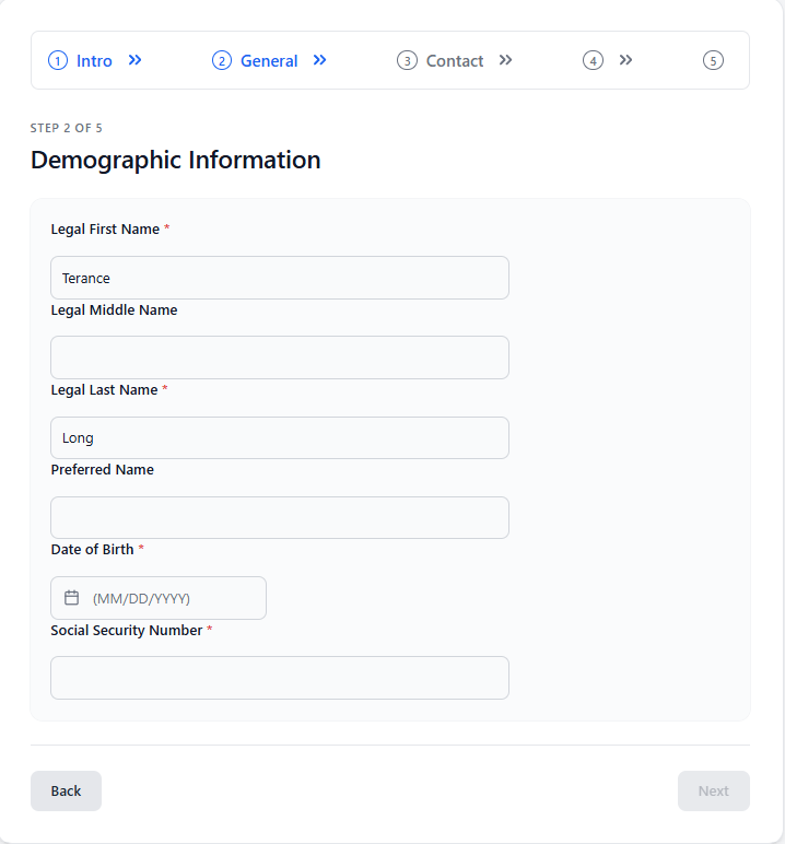 employee enters their personal information