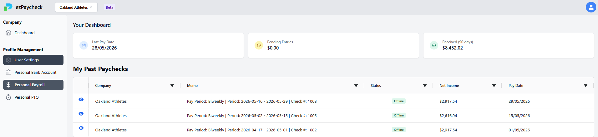employee personal payroll page downloading paystub PDF