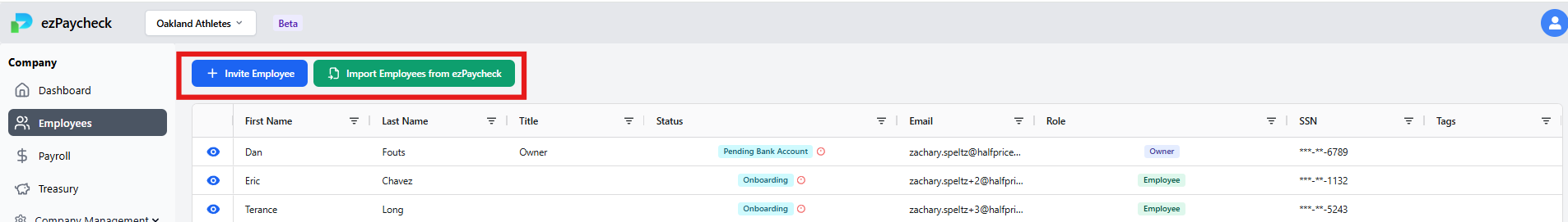Employee view showing two ways to add employees
