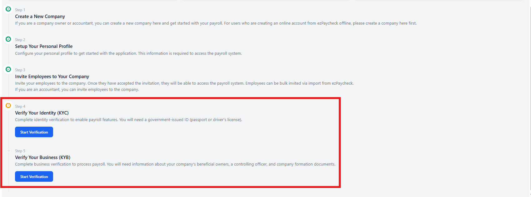 KYC and KYB location in setup checklist on dashboard