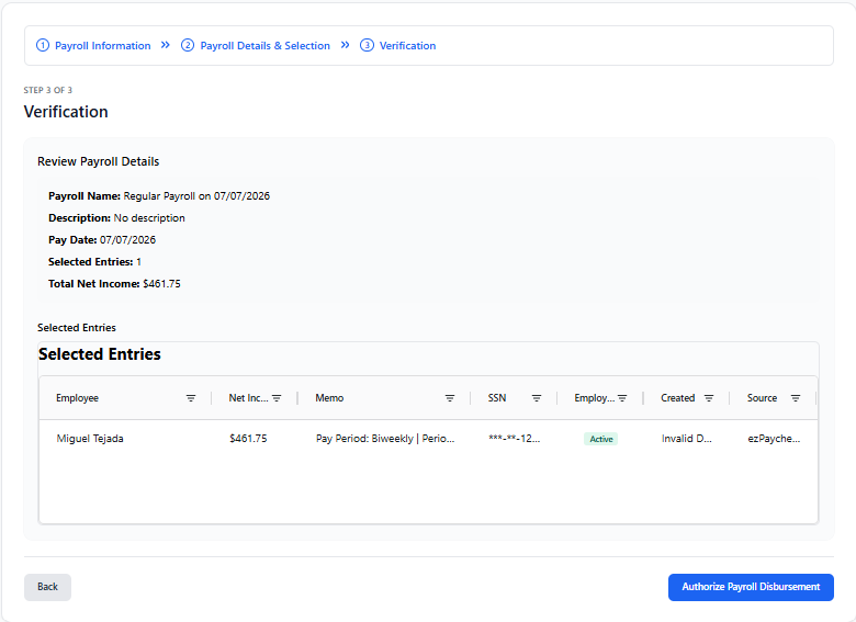 Complete payroll run verify information