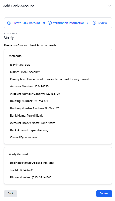 setting up company bank account review information and submit