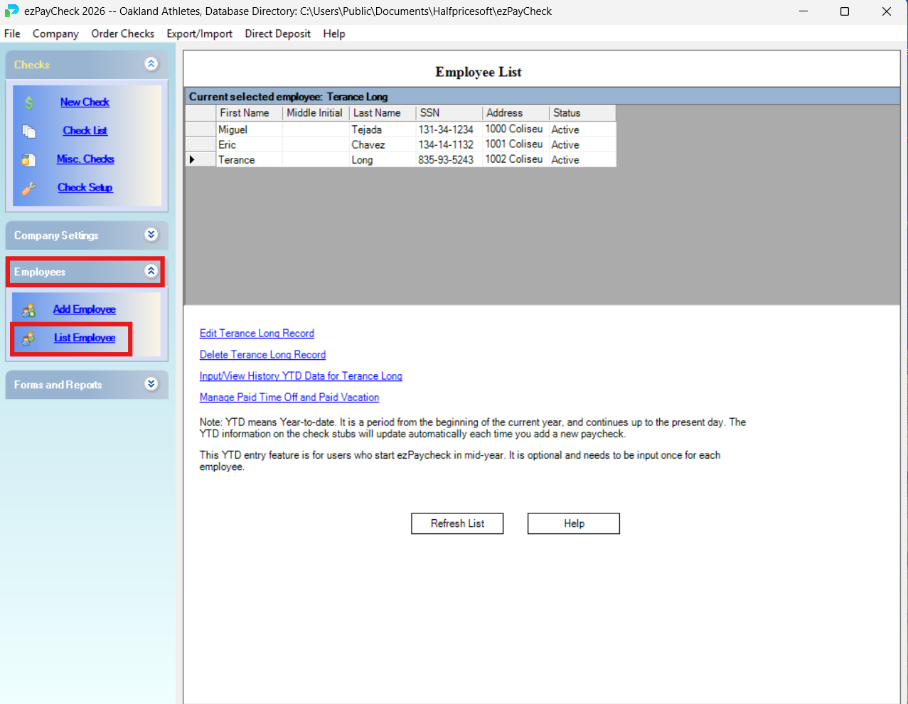Accessing employee list for direct deposit setup