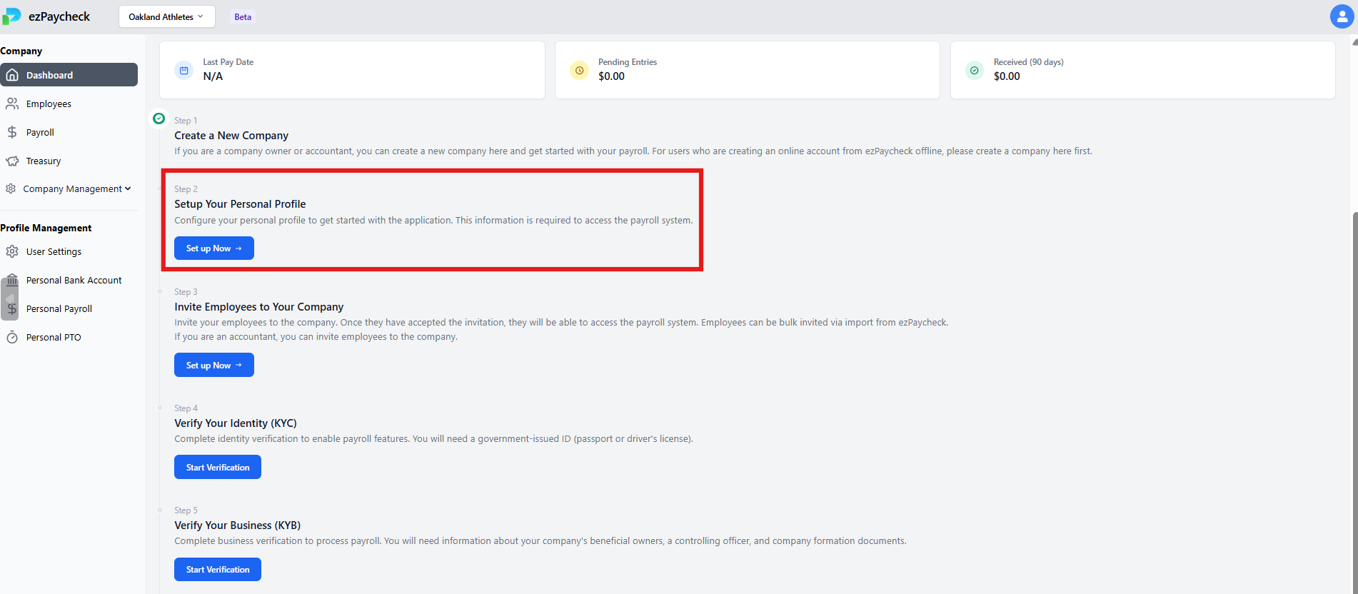Dashboard setup checklist with the Setup Your Personal Profile step highlighted
