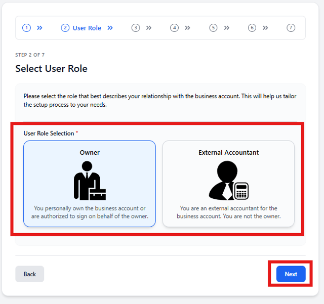 Company Setup wizard showing the Owner and External Accountant role options