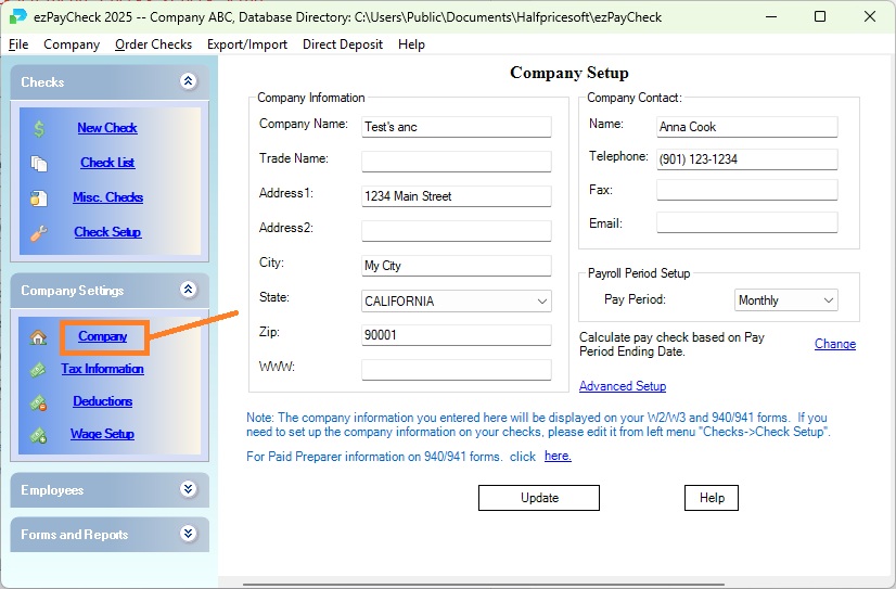 payroll system company setup screen