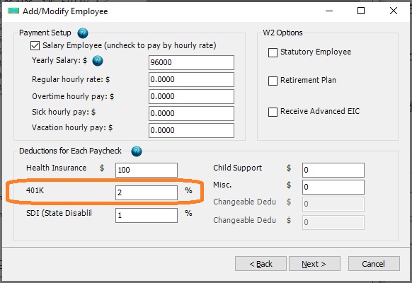 401K deduction setup