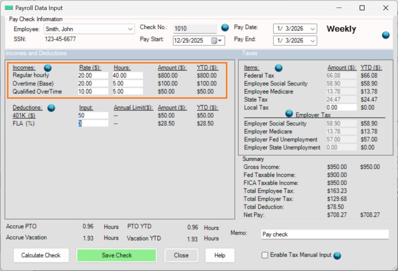ezPaycheck qualified tips overtime paycheck