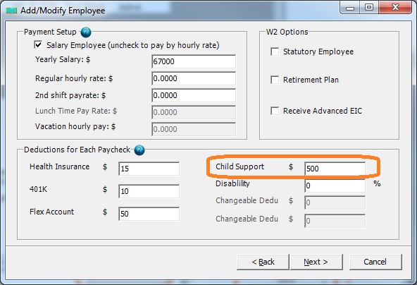 child support deduction setup