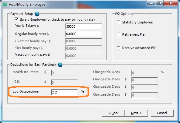 Occupational tax deduction setup