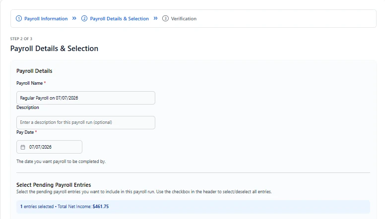 Direct Deposit Portal payroll run showing the pay date and total net income for the selected paychecks