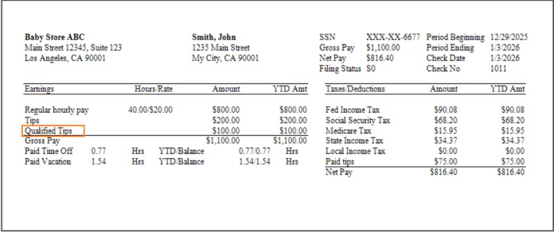 ezPaycheck qualified tips paystub