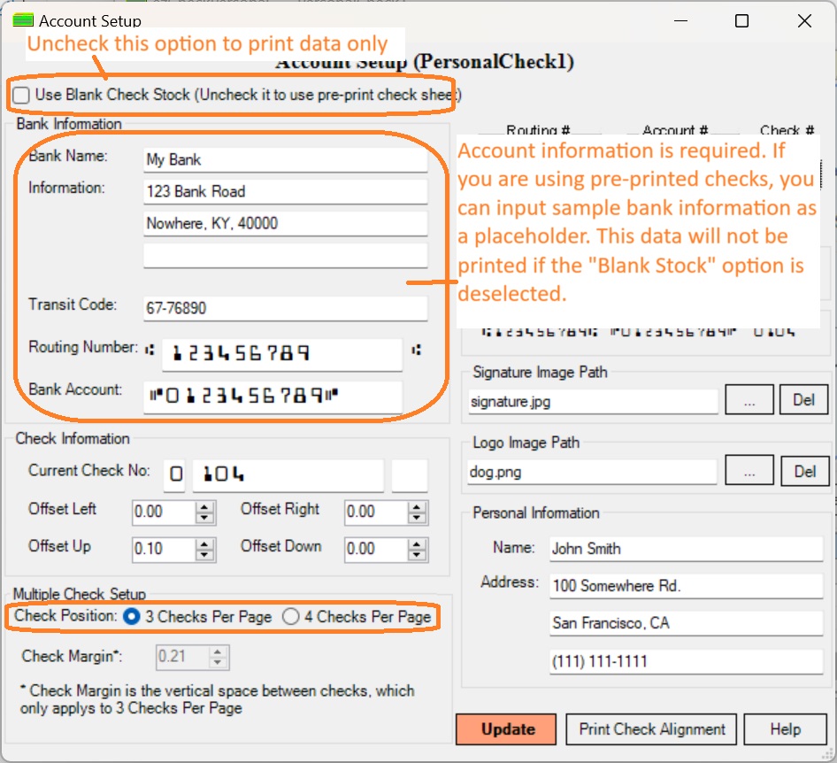 set up personal check account for pre-printed check
