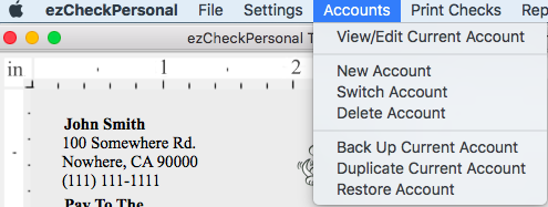 ezCheckPersonal accounts menu