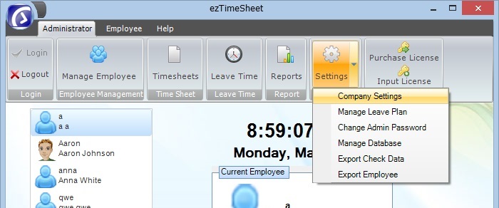menu company settings